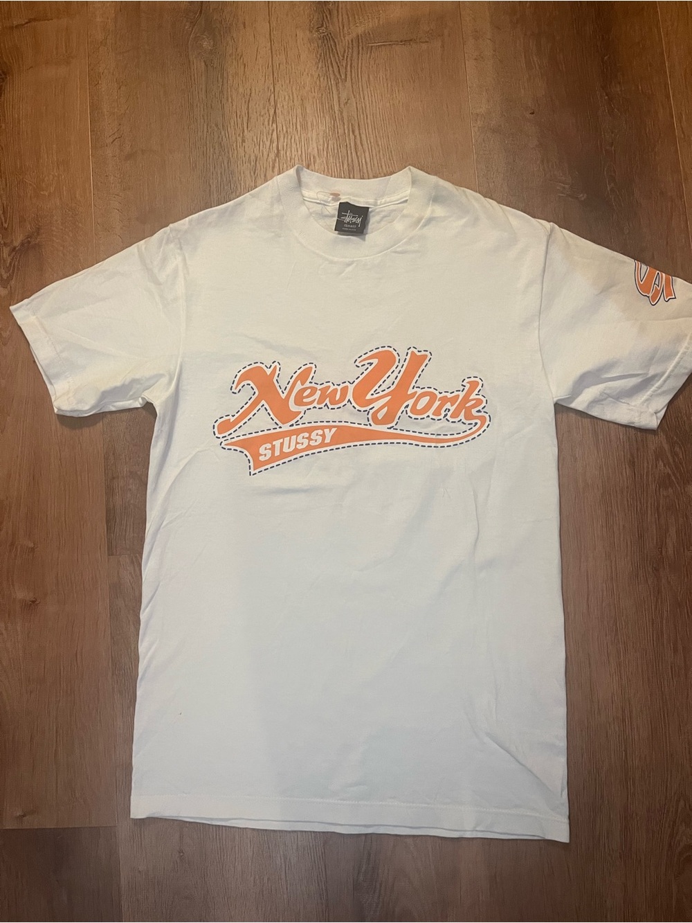 Stussy White Tee with Orange New York Script
